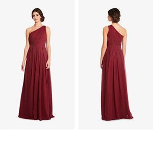 Adrianna Pappell Savannah One Shoulder Chiffon Pleated Dress in Cabernet Size 8